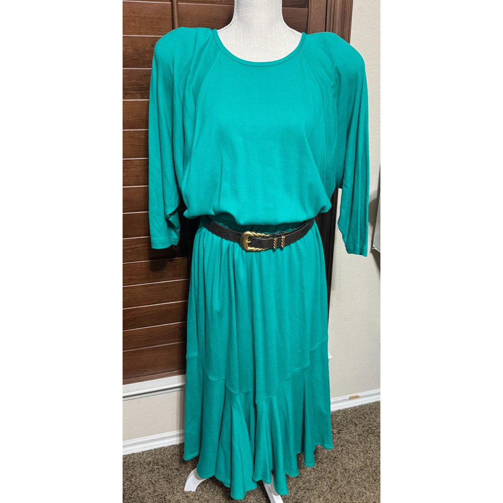 Vintage Choon of California 80's Green Dress 2X midi jersey knit western flare